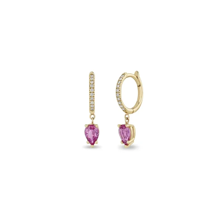 14k Medium Pavé Diamond Hinge Huggie Hoops with Pear Pink Sapphires