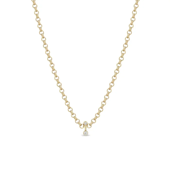 14k Mixed Diamond Bezel Barbell Medium Rolo Chain Necklace