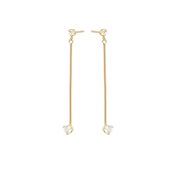 14k Mixed Prong Diamond Long Bar Drop Earrings