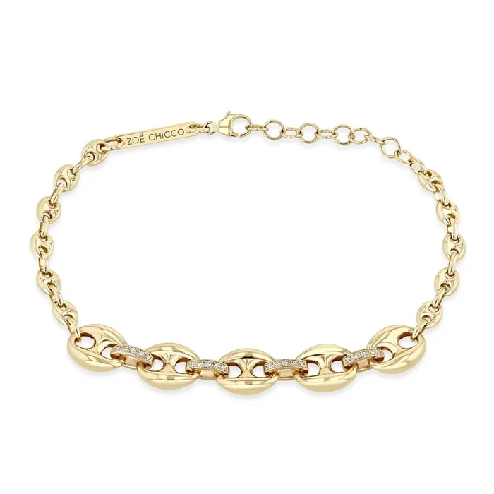 14k Mixed Small & Large Mariner Chain with Diamond Links Bracelet