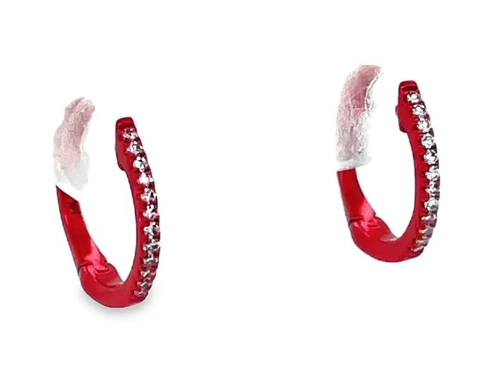 14K Neon Red White Gold 12Mm Round Huggie Natural Diamonds Hoop Earrings