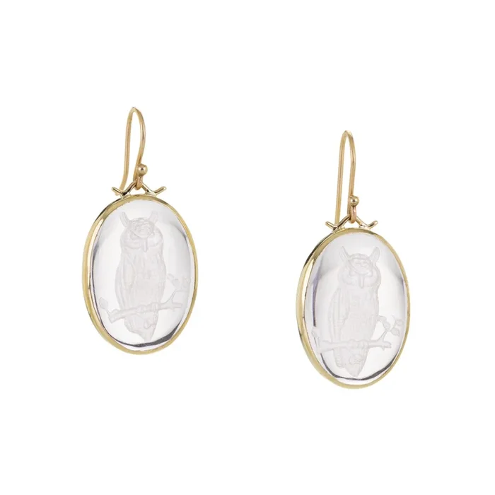 14k Owl Crystal Intaglio Earrings