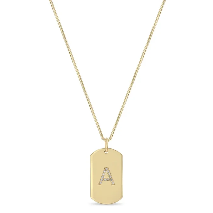 14k Pavé Diamond Initial Letter Medium Dog Tag Necklace