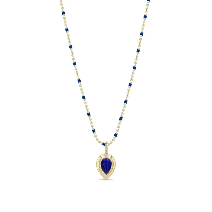 14k Pear Lapis Bezel Pendant Enamel Tube Bar Chain Necklace