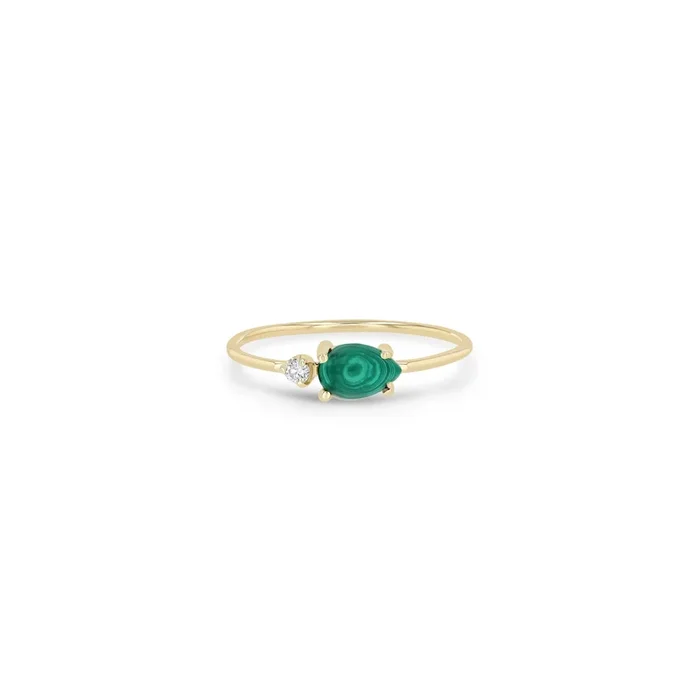 14k Pear Malachite & Prong Diamond Ring