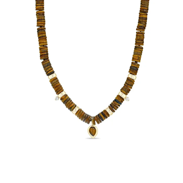 14k Pear Tiger Eye Pendant Heishi Bead Necklace with 2 Prong Diamonds