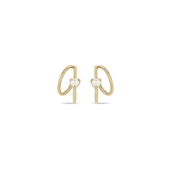 14k Pearl Angled Double Wire Huggie Hoops