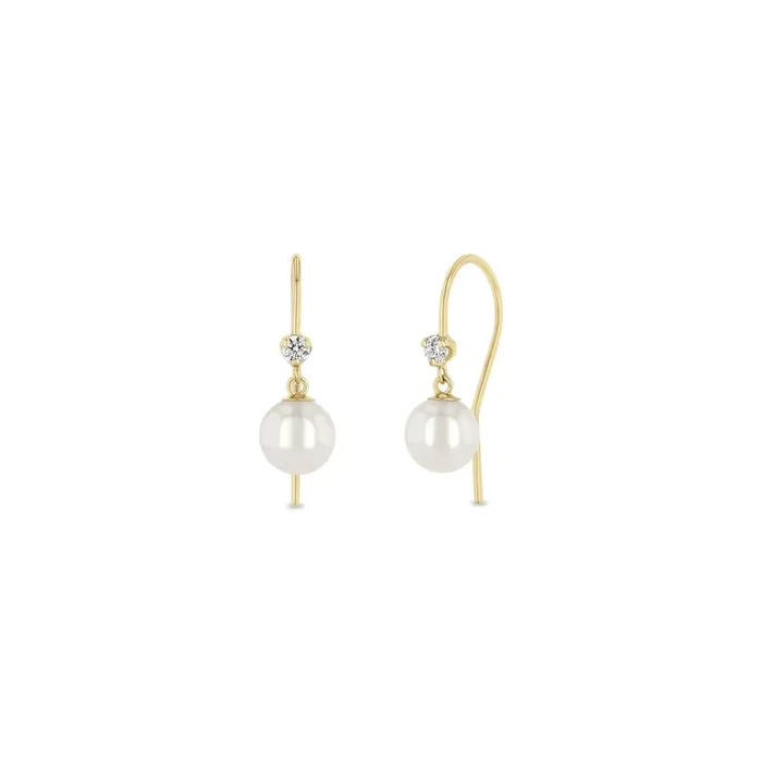 14k Prong Diamond & Dangling Pearl Hook Earrings