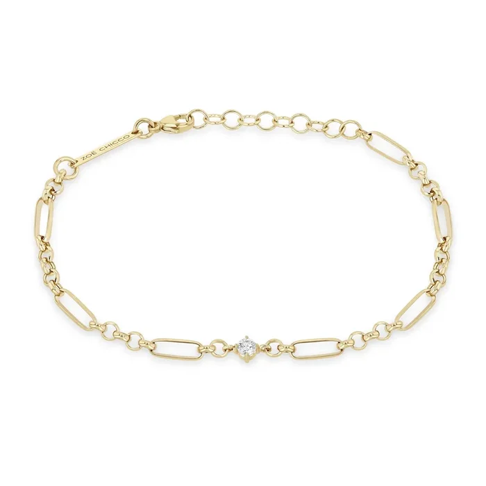 14k Prong Diamond Medium Paperclip Rolo Chain Bracelet