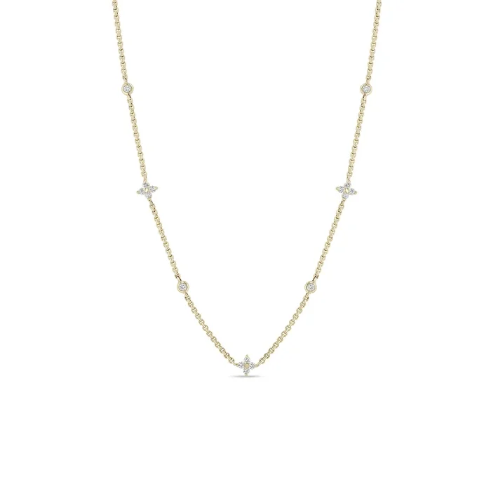 14k Prong Diamond Quad & Floating Diamond Station Extra Small Box Chain Necklace