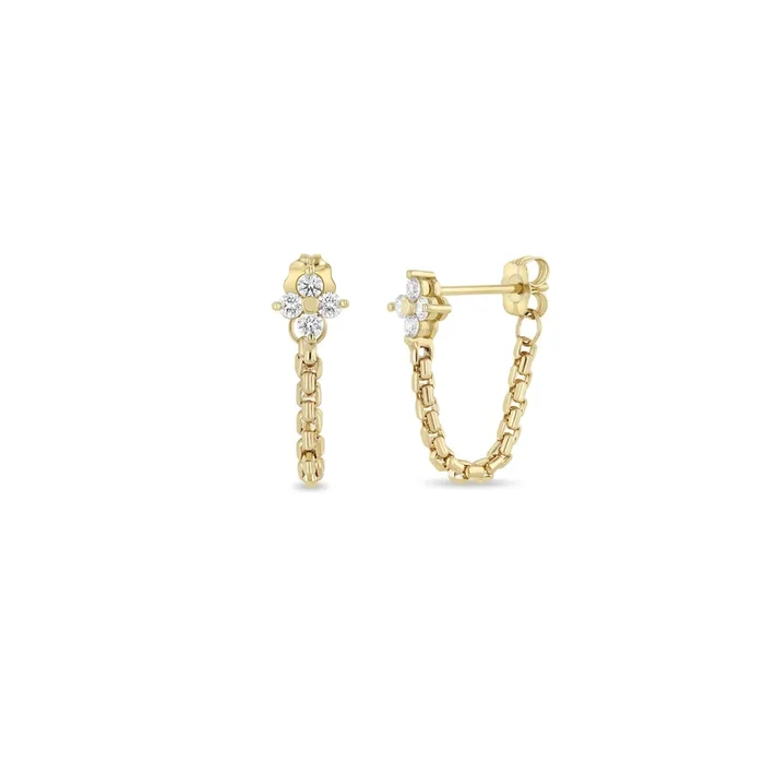 14k Prong Diamond Quad Box Chain Huggie Earrings
