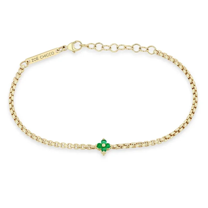 14k Prong Emerald Quad Box Chain Bracelet