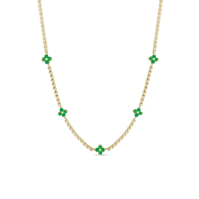 14k Prong Emerald Quad Station Box Chain Necklace