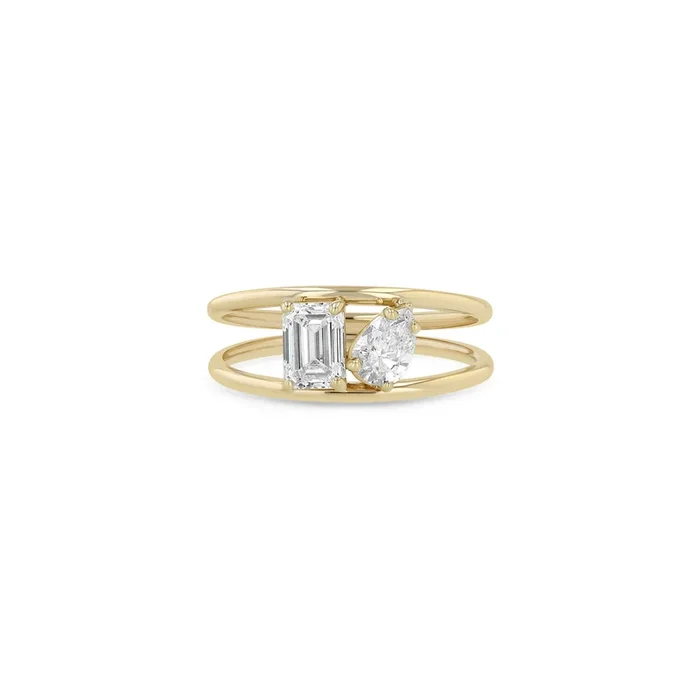14k Prong Pear & Emerald Cut Diamond Double Band Ring