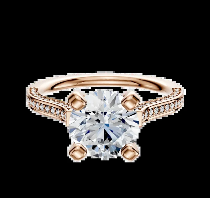 14K Rose Gold 4 Prong Cathedral Flat 3-Row-Pave 2.0mm Engagement Ring
