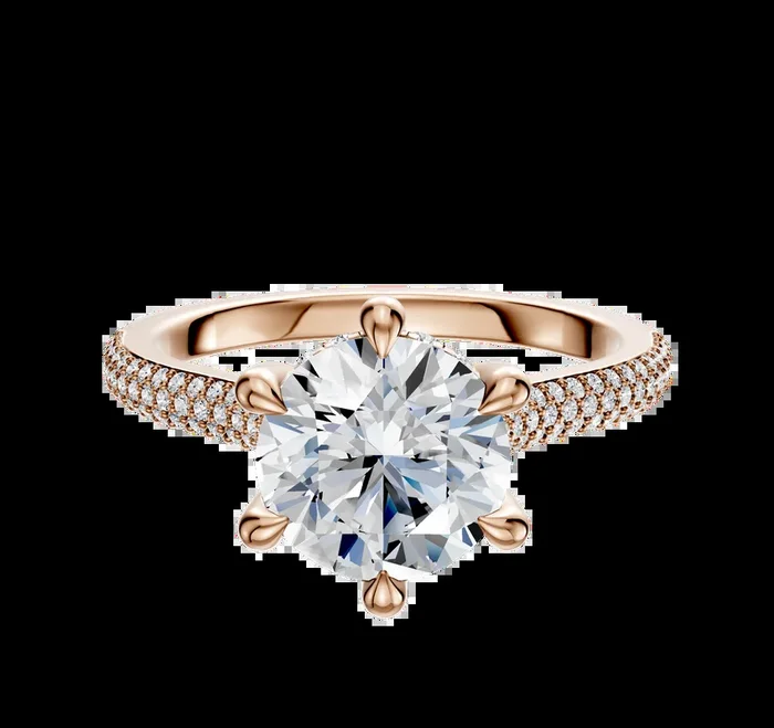 14K Rose Gold 6 Prong Hidden Halo Cathedral Dome 3-Row-Pave 2.0mm Engagement Ring