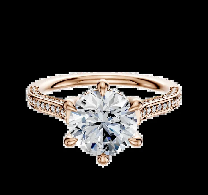 14K Rose Gold 6 Prong Hidden Halo Cathedral Flat 3-Row-Pave 2.0mm Engagement Ring