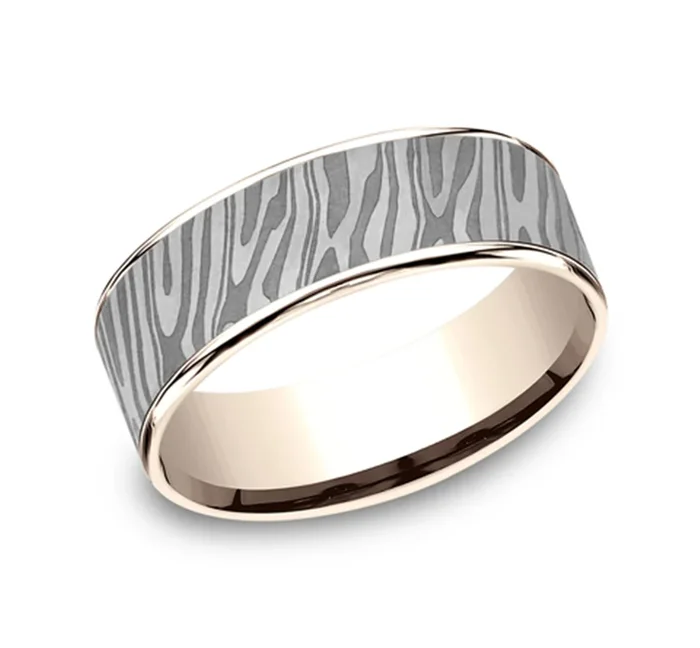 14K Rose Gold And Gray Tantalum ‘The Tiger Stripe’ 7.5mm Comfort Fit Wedding Band