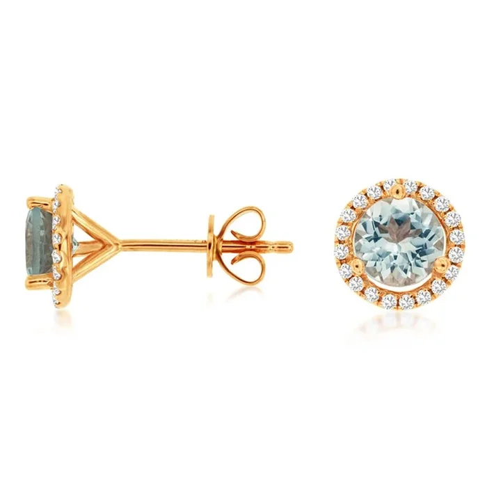 14K Rose Gold Aquamarine And Diamond Halo Earrings