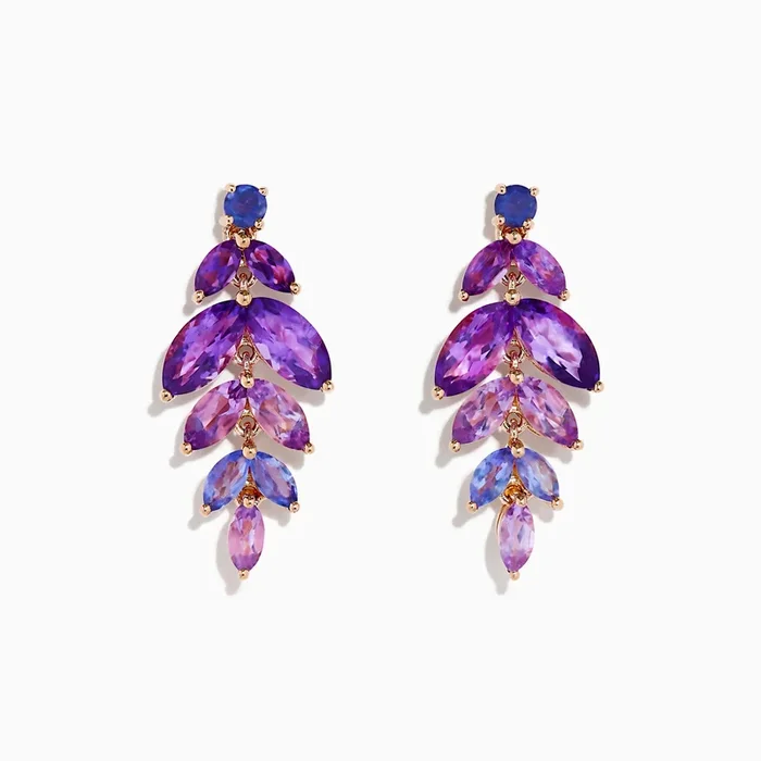 14K Rose Gold Iolite, Amethyst and Tanzanite Earrings
