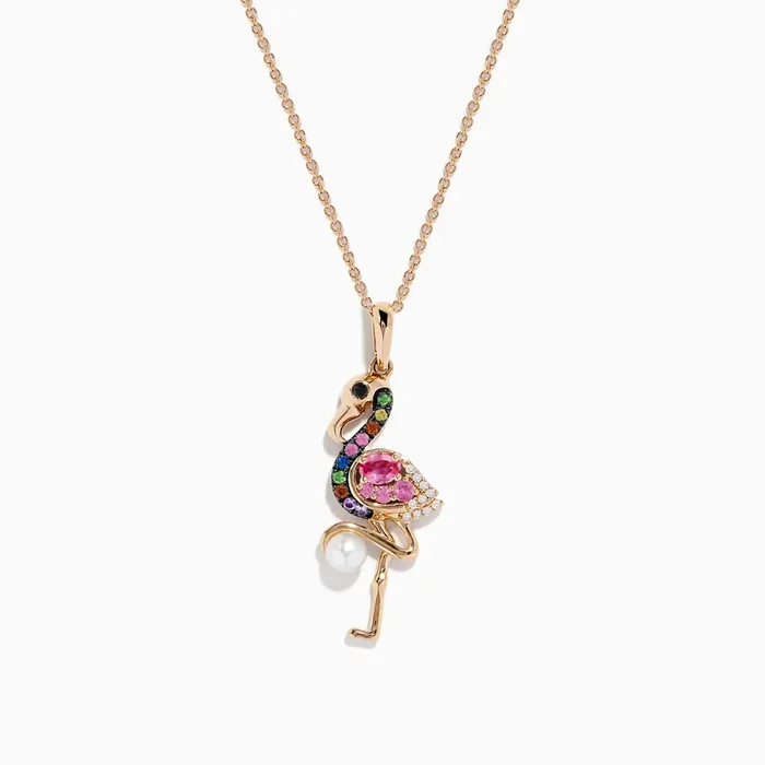 14K Rose Gold Multi Color Sapphire, Pearl and Diamond Flamingo Pendant