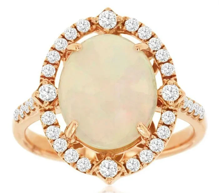 14K Rose Gold Oval Opal And Diamond Halo Ring