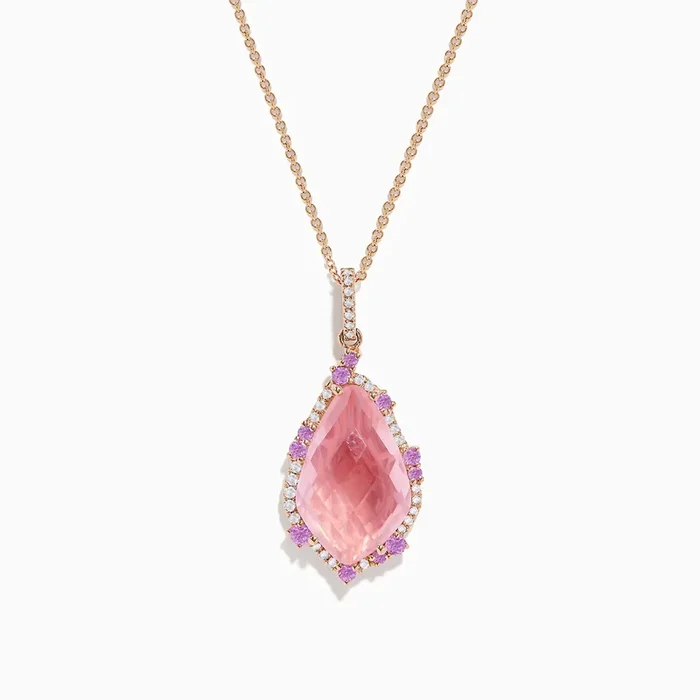 14K Rose Gold Rose Quartz, Pink Sapphire and Diamond Pendant