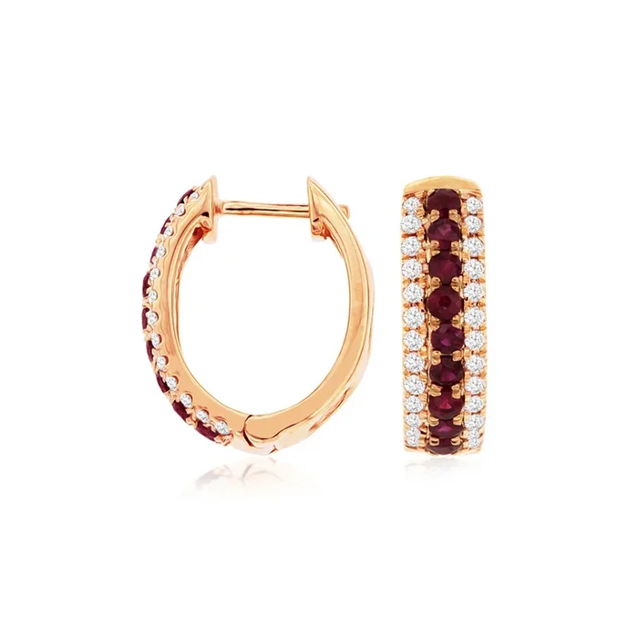 14K Rose Gold Rubies And Diamond Small Hoop Earrings