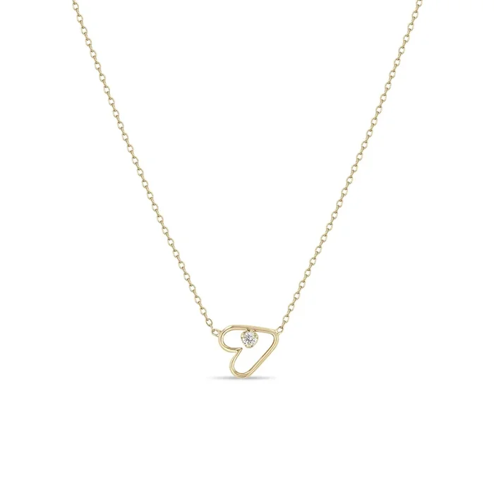 14k Sideways Prong Diamond Tiny Open Heart Necklace