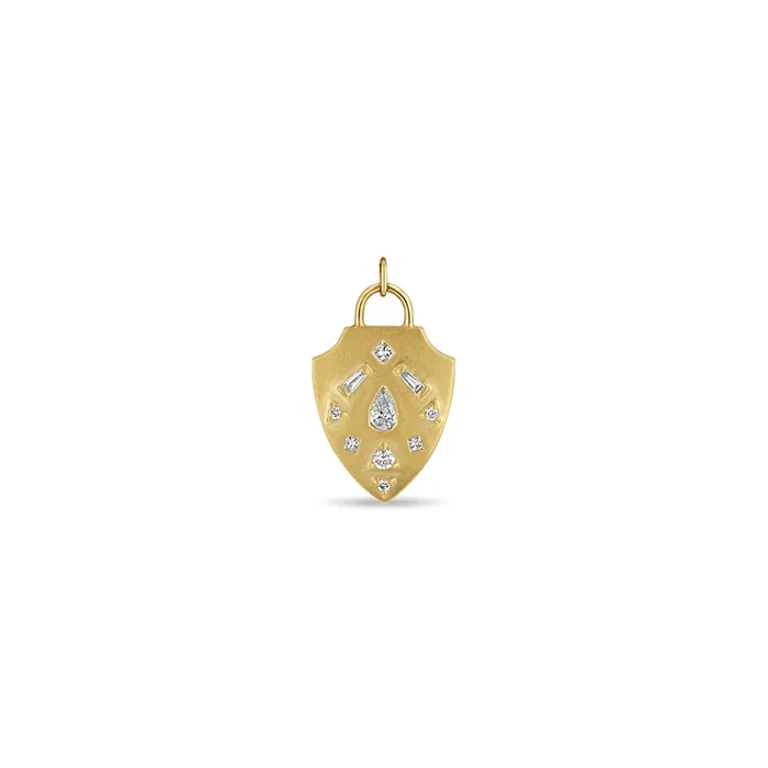14k Single Diamond Mosaic Brushed Gold Shield Pendant