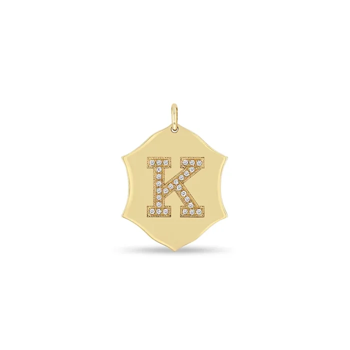 14k Single Pavé Diamond Initial Large Ornate Shield Charm Pendant