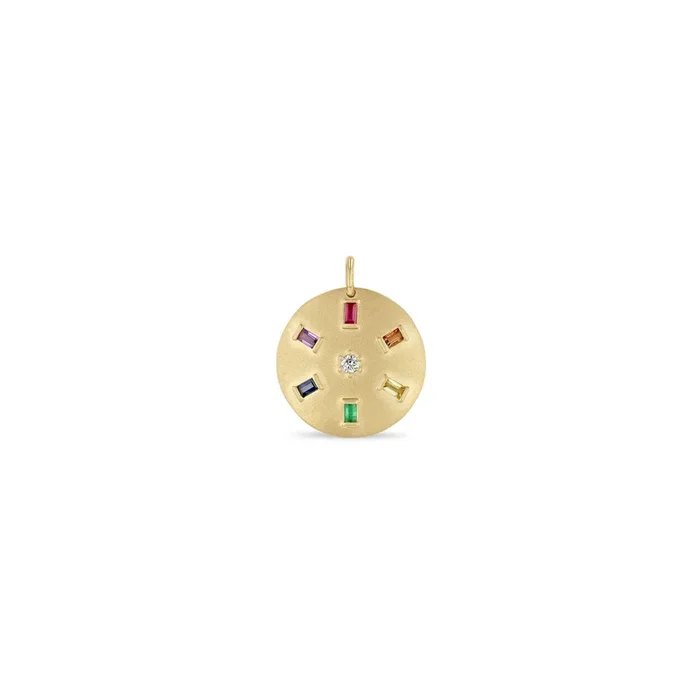 14k Single Rainbow Baguette & Diamond Brushed Gold Domed Disc Pendant
