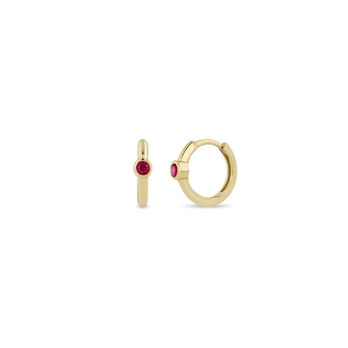 14k Single Ruby Bezel Small Hinge Huggie Hoops
