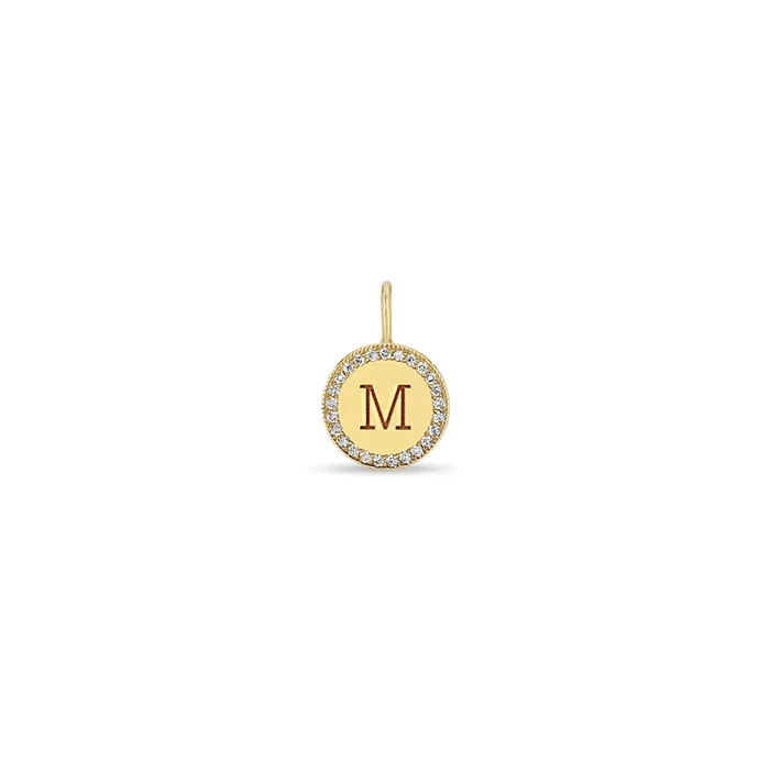 14k Single Small Engraved Initial with Diamond Halo Disc Charm Pendant