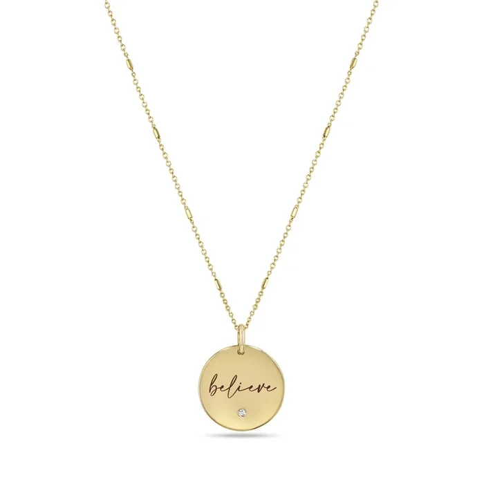 14k Small “believe” Disc Pendant on Bar & Cable Chain Necklace