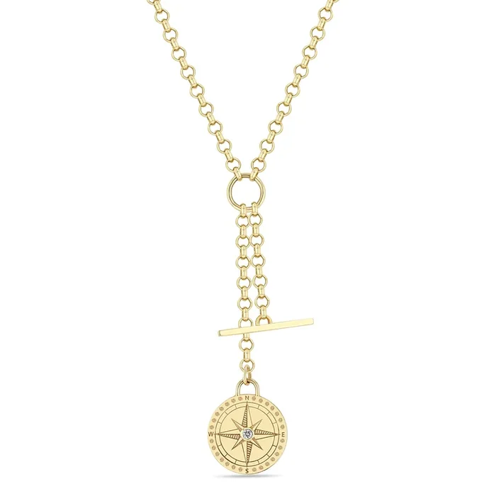 14k Small Compass Medallion & Toggle Medium Rolo Chain Lariat