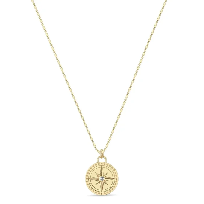 14k Small Compass Medallion Tube Bar Chain Necklace