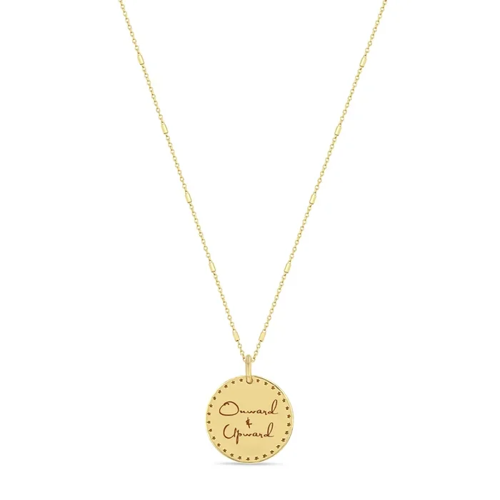14k Small Mantra Star Border Necklace on Tiny Bar & Cable Chain