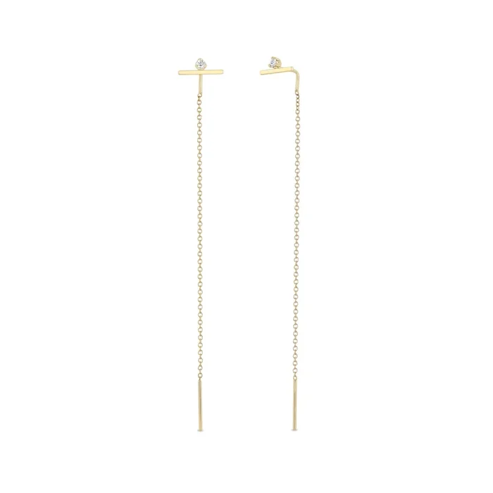 14k Stacked Diamond Bar Chain Threader Earrings