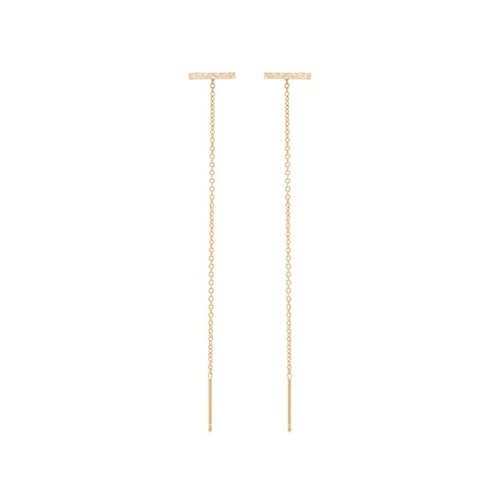 14k Thin Pavé Diamond Bar Threader Earrings
