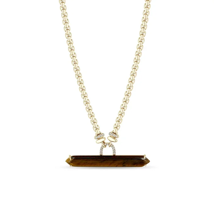 14k Tiger Eye Bar with Diamonds Large Box Chain Necklace