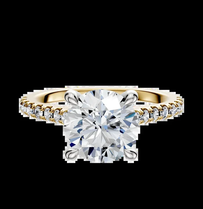 14K Two Tone 4 Prong Hidden Halo Cathedral Dome 1-Row-Pave 2.5mm Engagement Ring