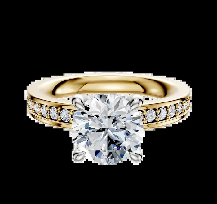 14K Two Tone 4 Prong Hidden Halo Classic Flat 1-Row-Pave 2.5mm Engagement Ring