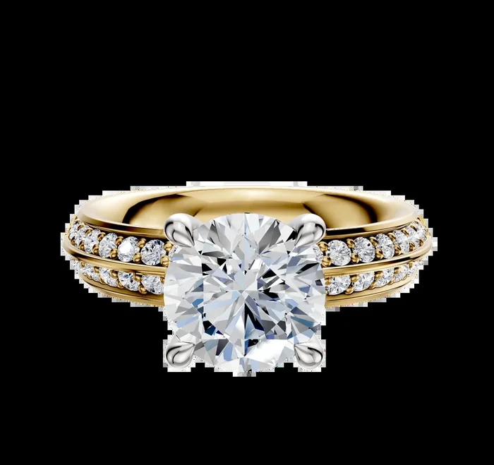 14K Two Tone 4 Prong Hidden Halo Classic Knife Edge 1-Row-Pave 2.5mm Engagement Ring