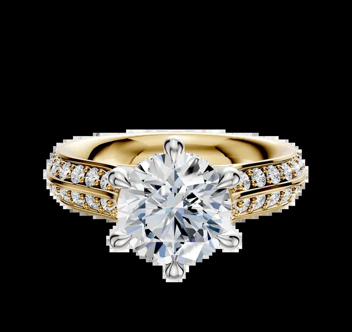 14K Two Tone 6 Prong Hidden Halo Cathedral Knife Edge 1-Row-Pave 2.5mm Engagement Ring