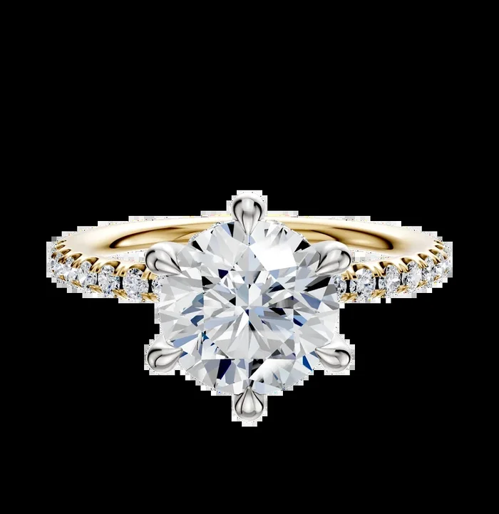 14K Two Tone 6 Prong Hidden Halo Classic Dome 1-Row-Pave 2.5mm Engagement Ring