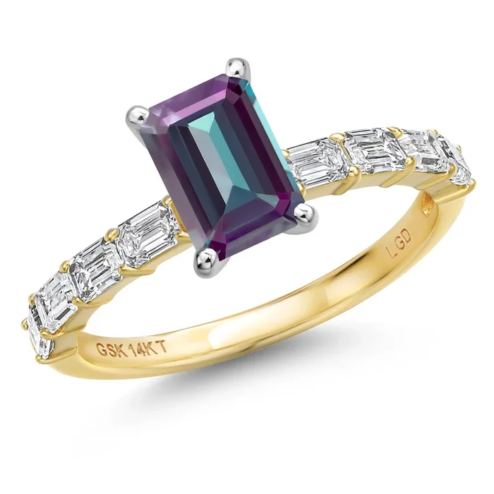 14K Two Tone Gold Gemstone Birthstone and Lab Grown Diamond Engagement Ring For Women | Emerald Cut 7X5MM and 3X2MM | Wedding Anniversary Ring | Available in Size 5 to 9