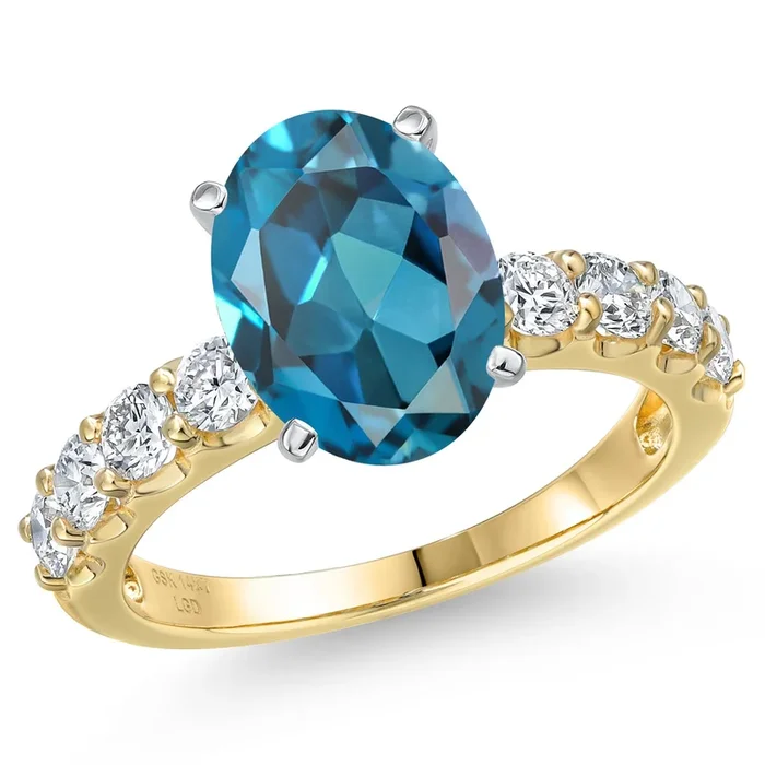 14K Two Tone Gold London Blue Topaz and Lab Grown Diamond Engagement Ring For Women | 5.30 Cttw | Oval 11X9MM | Gemstone November Birthstone