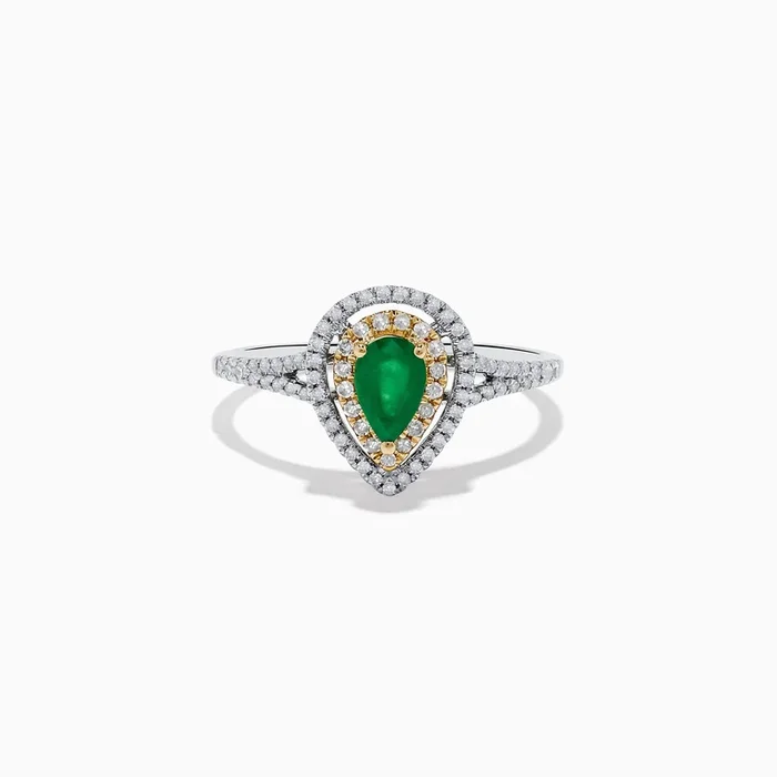 14K White and Yellow Gold Pear Shaped Double Diamond Halo Emerald Ring