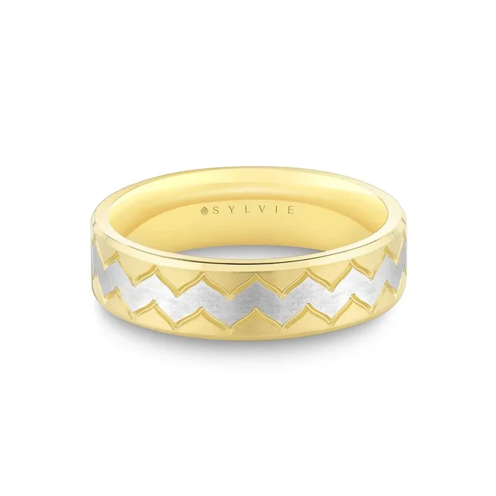 14K White And Yellow Gold Zig Zag Pattern Wedding Band